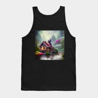 Sparkling Fantasy Cottage with Lights and Glitter Background in Forest, Scenery Nature Tank Top